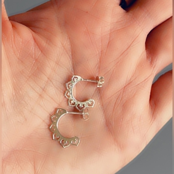 Sterling Silver Laser Cut Heart Half Hoop Earrings - Picture 8 of 9